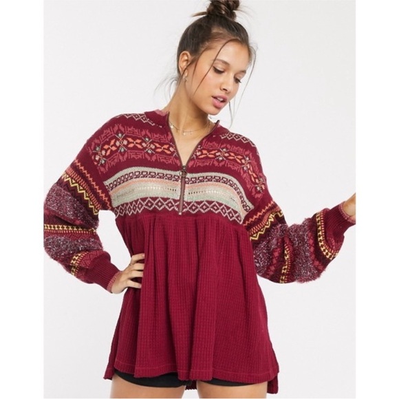 Free People Tops - Free People Fair Isle Balloon Sleeve Babydoll Top Oversized Size XS